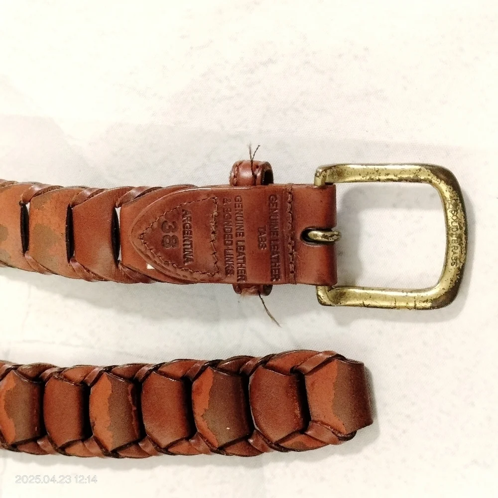 Genuine Leather Men's Brown Belt 38 Rectangular Braided With Solid Brass Buckle